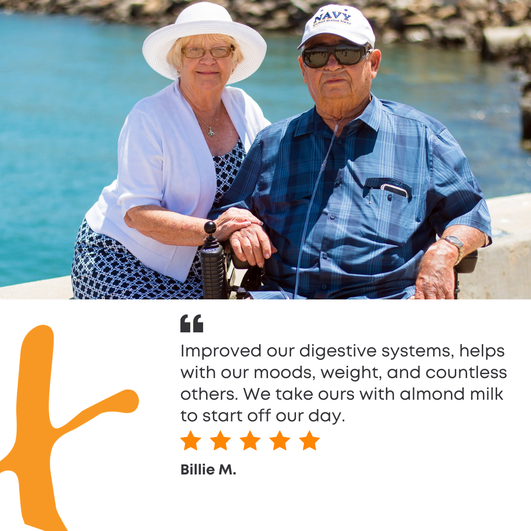  couple of seniors, testimonial, improved digestive systems, helps our moods, weight and countless others.